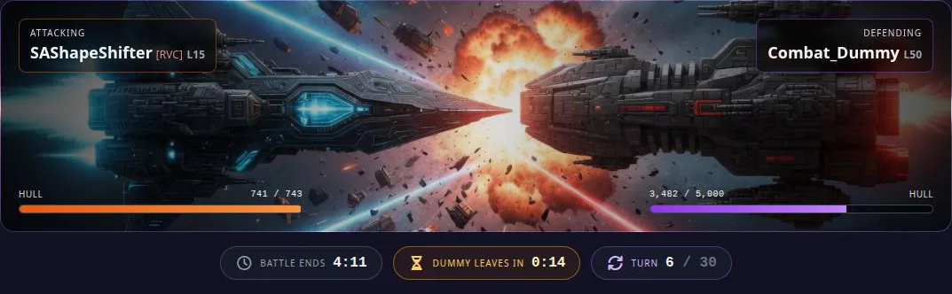 VoidRift ship combat: two warships mid-battle with hull bars, a turn counter and battle timers